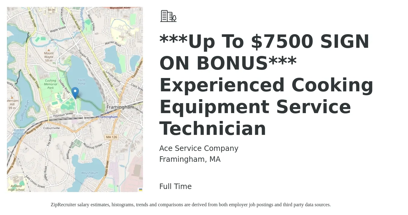 Ace Service Company job posting for a ***Up To $7500 SIGN ON BONUS*** Experienced Cooking Equipment Service Technician in Framingham, MA with a salary of $17 to $20 Hourly with a map of Framingham location.