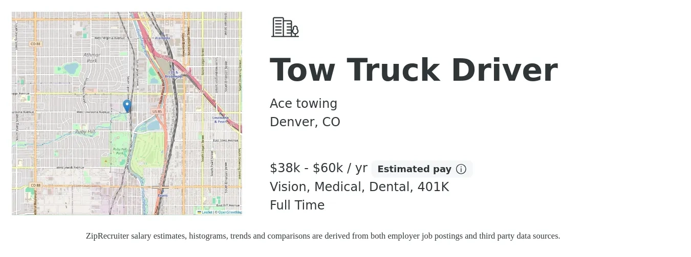 Ace towing job posting for a Tow Truck Driver in Denver, CO with a salary of $38,000 to $60,000 Yearly and benefits including medical, vision, 401k, and dental with a map of Denver location.
