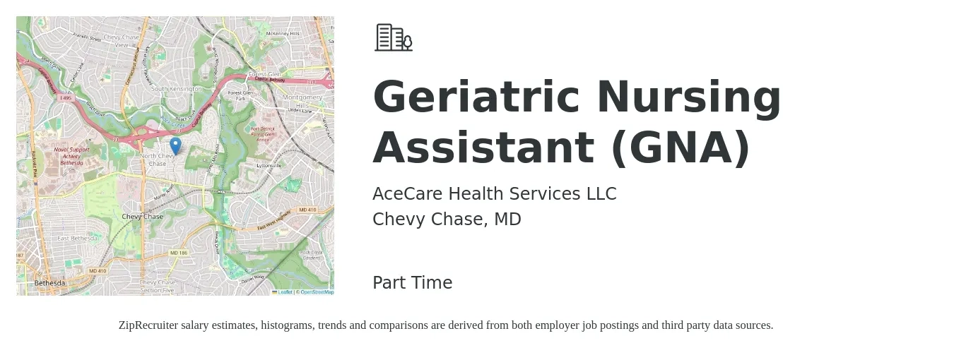 AceCare Health Services LLC job posting for a Geriatric Nursing Assistant (GNA) in Chevy Chase, MD with a salary of $19 to $23 Hourly with a map of Chevy Chase location.
