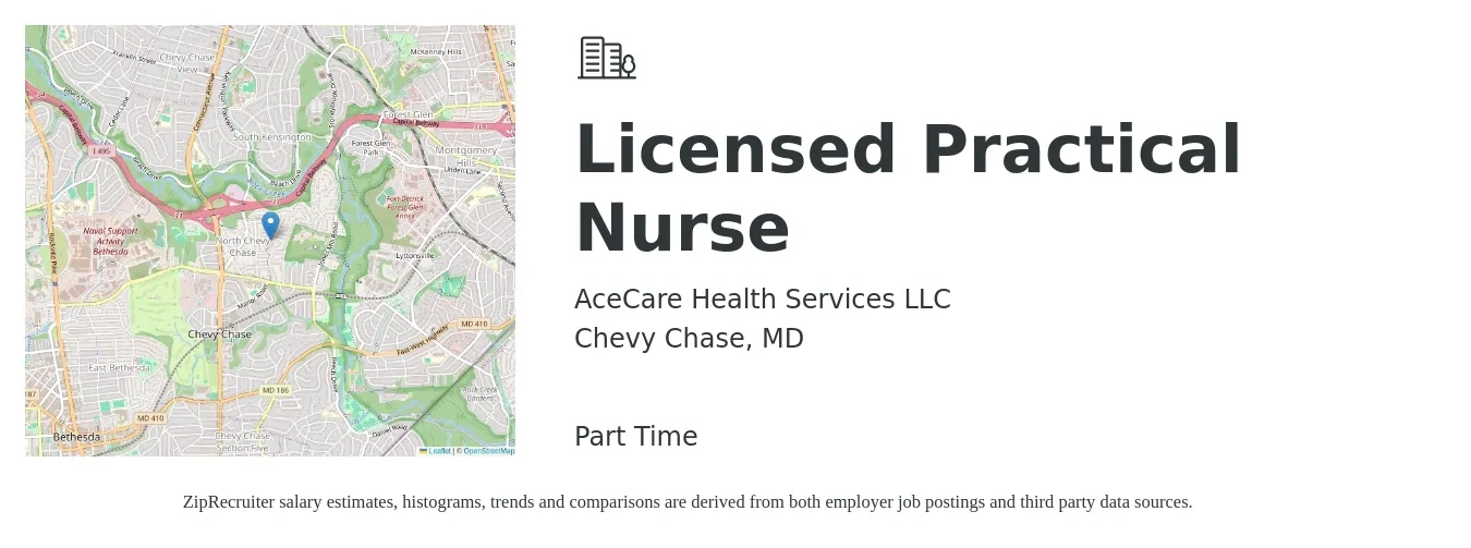 AceCare Health Services LLC job posting for a Licensed Practical Nurse in Chevy Chase, MD with a salary of $28 to $37 Hourly with a map of Chevy Chase location.