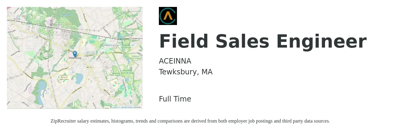 ACEINNA job posting for a Field Sales Engineer in Tewksbury, MA with a salary of $79,700 to $124,500 Yearly with a map of Tewksbury location.