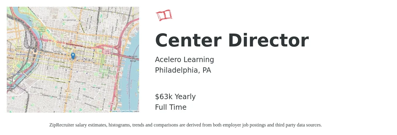 Acelero Learning job posting for a Center Director in Philadelphia, PA with a salary of $63,360 Yearly with a map of Philadelphia location.