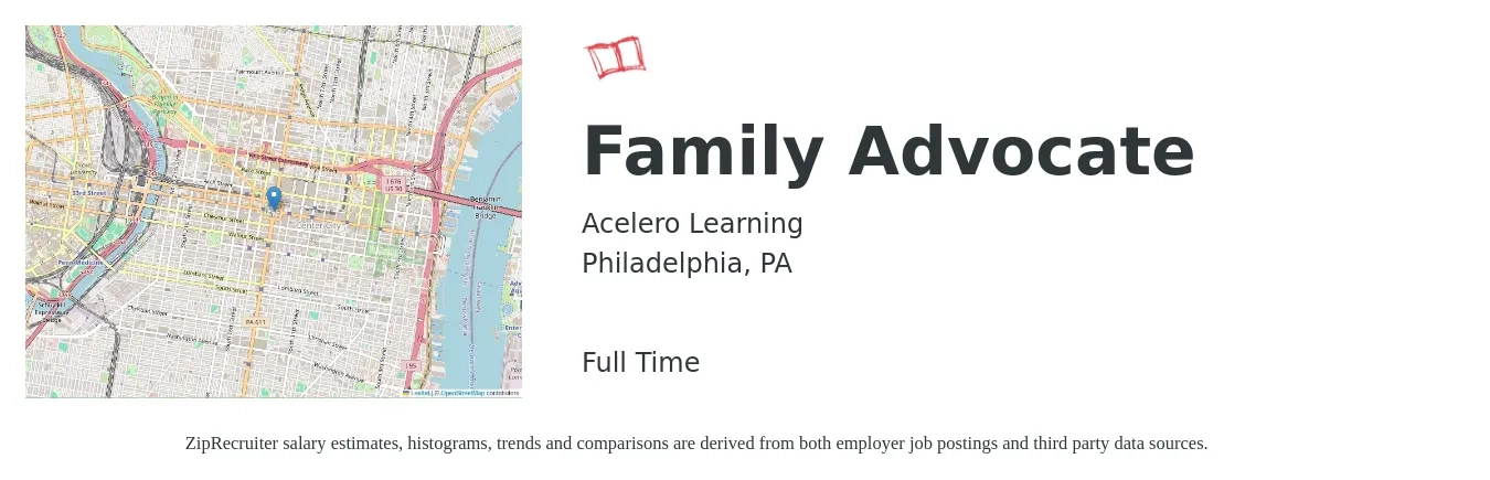 Acelero Learning job posting for a Family Advocate in Philadelphia, PA with a salary of $18 to $24 Hourly with a map of Philadelphia location.