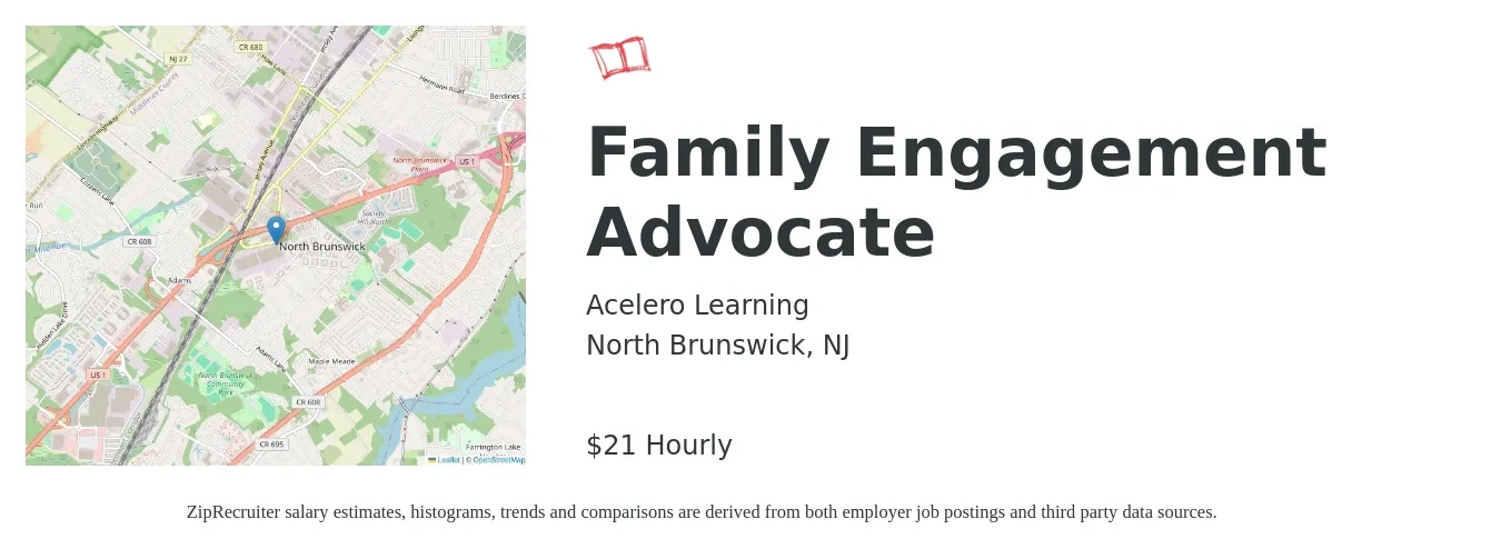Acelero Learning job posting for a Family Engagement Advocate in North Brunswick, NJ with a salary of $23 Hourly with a map of North Brunswick location.