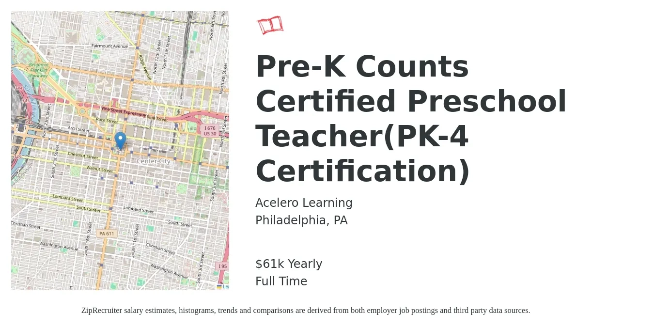 Acelero Learning job posting for a Pre-K Counts Certified Preschool Teacher(PK-4 Certification) in Philadelphia, PA with a salary of $61,000 Yearly with a map of Philadelphia location.