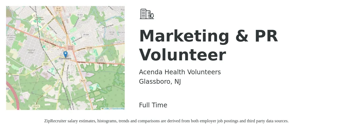 Acenda Health Volunteers job posting for a Marketing & PR Volunteer in Glassboro, NJ with a salary of $38,700 to $57,000 Yearly with a map of Glassboro location.