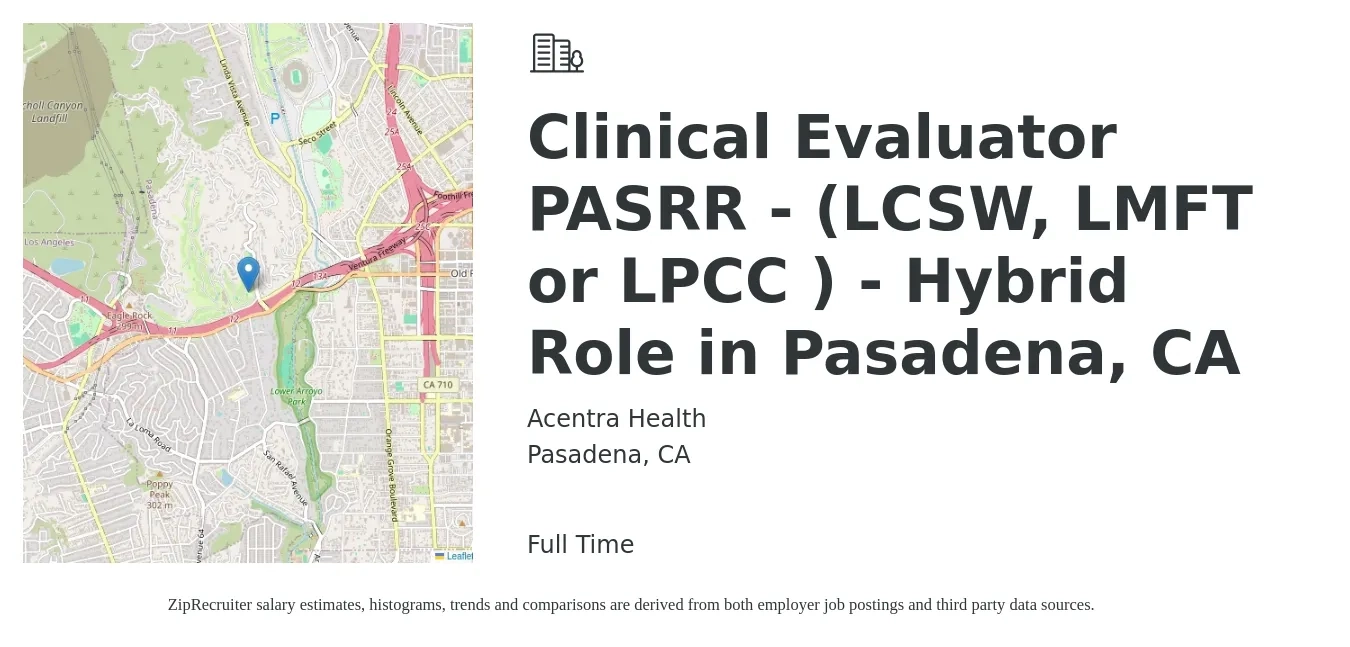 Acentra Health job posting for a Clinical Evaluator PASRR - (LCSW, LMFT or LPCC ) - Hybrid Role in Pasadena, CA in Pasadena, CA with a salary of $83,000 to $88,000 Yearly with a map of Pasadena location.