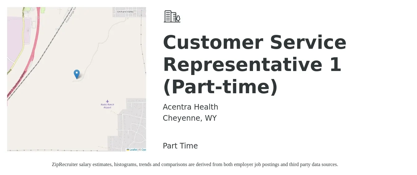 Acentra Health job posting for a Customer Service Representative 1 (Part-time) in Cheyenne, WY with a salary of $15 to $20 Hourly with a map of Cheyenne location.