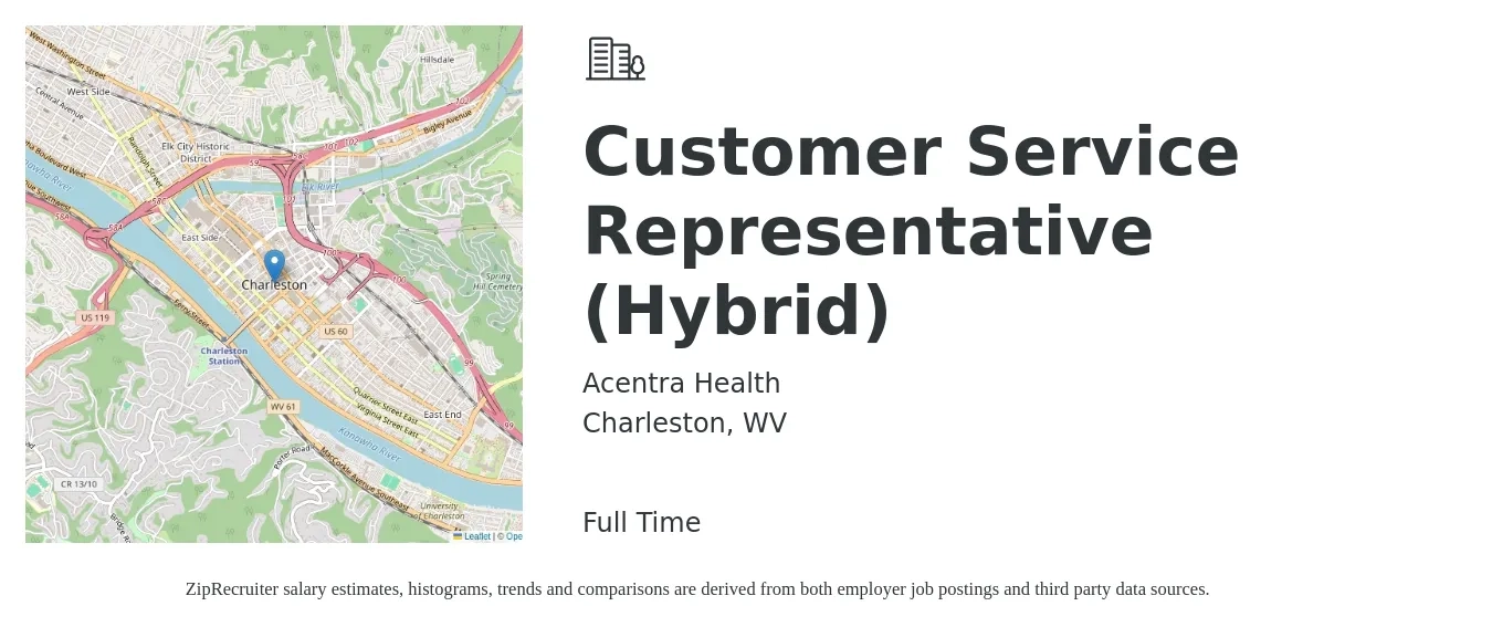 Acentra Health job posting for a Customer Service Representative (Hybrid) in Charleston, WV with a salary of $30,000 to $35,000 Yearly with a map of Charleston location.