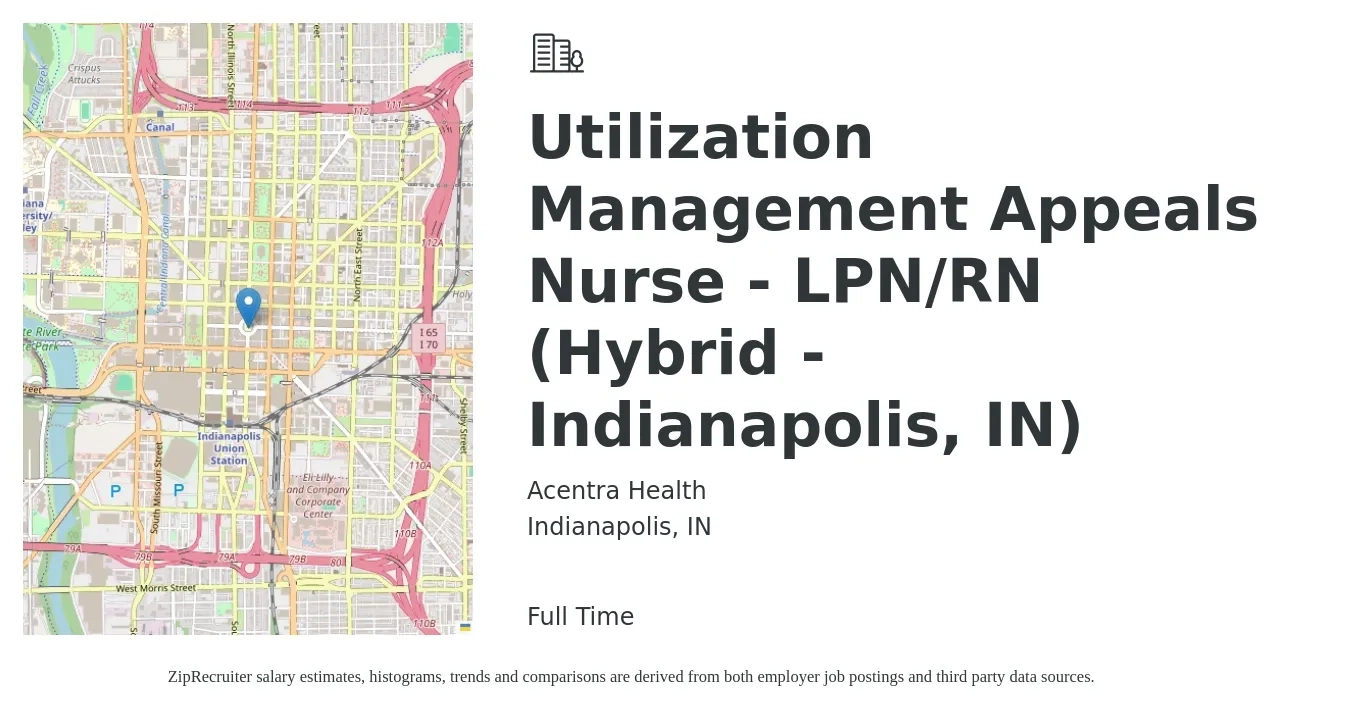 Acentra Health job posting for a Utilization Management Appeals Nurse - LPN/RN (Hybrid - Indianapolis, IN) in Indianapolis, IN with a salary of $33 to $48 Hourly with a map of Indianapolis location.