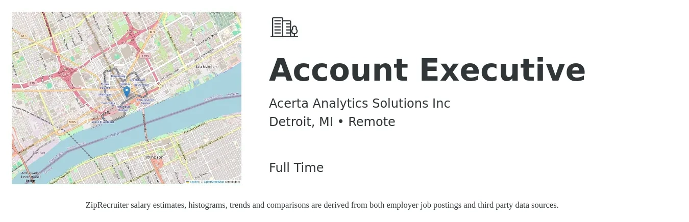 Acerta Analytics Solutions Inc job posting for a Account Executive in Detroit, MI with a salary of $53,500 to $94,000 Yearly with a map of Detroit location.