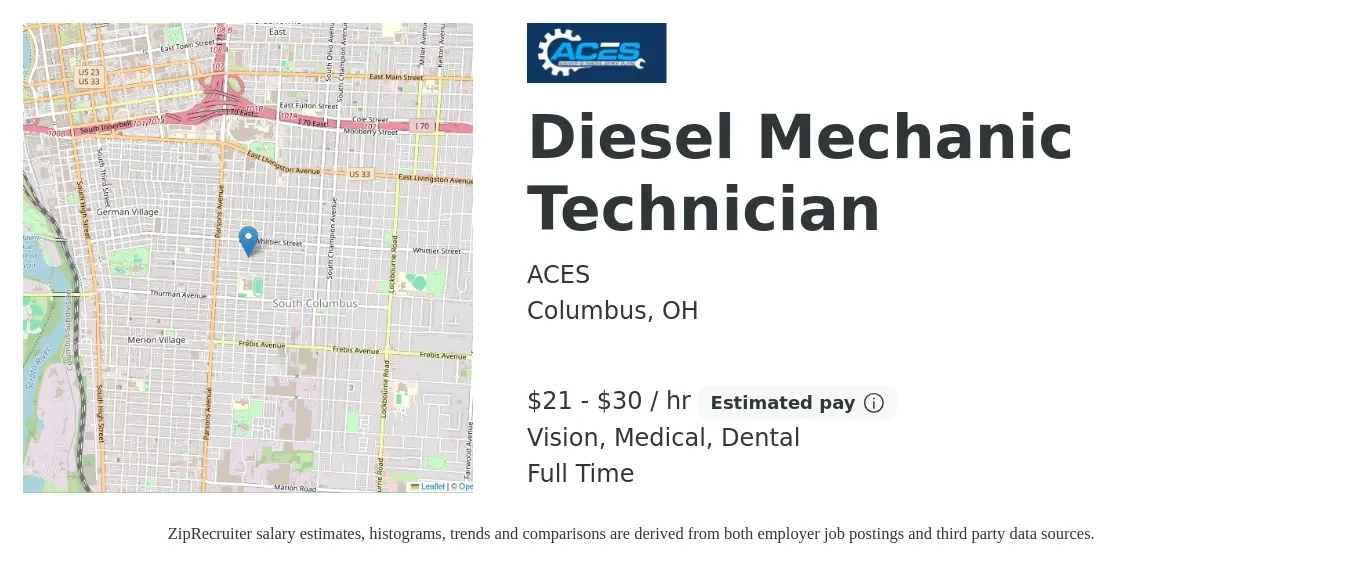 ACES job posting for a Diesel Mechanic Technician in Columbus, OH with a salary of $22 to $32 Hourly and benefits including vision, dental, life_insurance, medical, and retirement with a map of Columbus location.