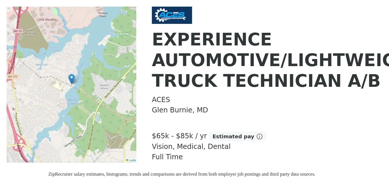 ACES job posting for a EXPERIENCE AUTOMOTIVE/LIGHTWEIGHT TRUCK TECHNICIAN A/B in Glen Burnie, MD with a salary of $65,000 to $85,000 Yearly and benefits including dental, medical, retirement, and vision with a map of Glen Burnie location.