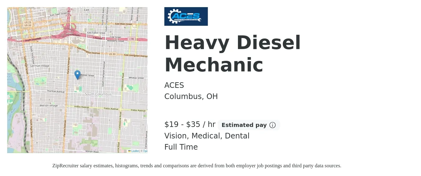 ACES job posting for a Heavy Diesel Mechanic in Columbus, OH with a salary of $20 to $37 Hourly and benefits including medical, retirement, vision, and dental with a map of Columbus location.