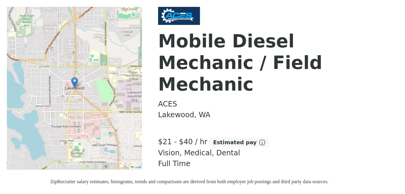 ACES job posting for a Mobile Diesel Mechanic / Field Mechanic in Lakewood, WA with a salary of $22 to $42 Hourly and benefits including dental, medical, retirement, and vision with a map of Lakewood location.