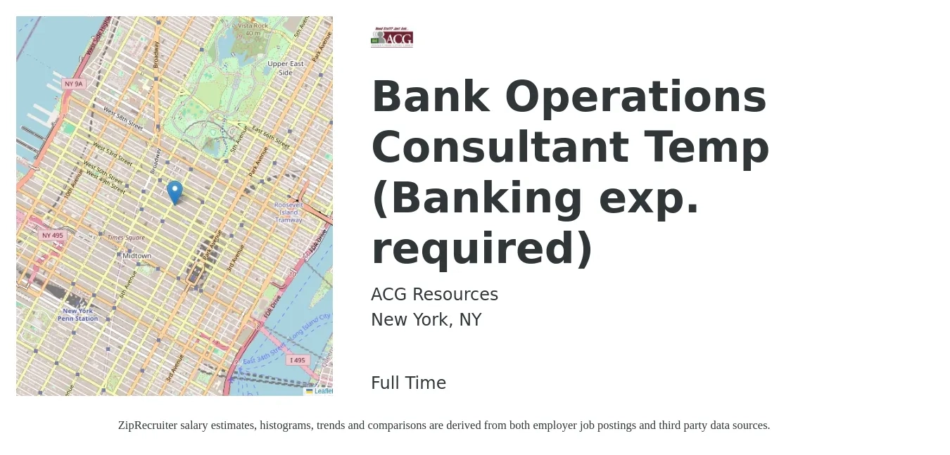 ACG Resources job posting for a Bank Operations Consultant Temp (Banking exp. required) in New York, NY with a salary of $49,400 to $117,000 Yearly with a map of New York location.