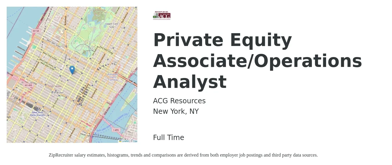 ACG Resources job posting for a Private Equity Associate/Operations Analyst in New York, NY with a salary of $28 to $46 Hourly with a map of New York location.