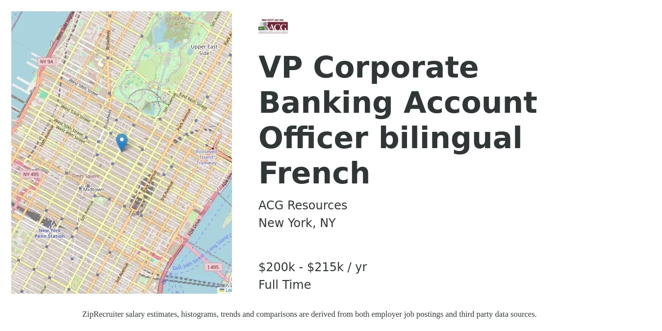 ACG Resources job posting for a VP Corporate Banking Account Officer bilingual French in New York, NY with a salary of $200,000 to $215,000 Yearly with a map of New York location.