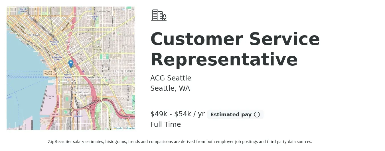 ACG Seattle job posting for a Customer Service Representative in Seattle, WA with a salary of $47,000 to $59,000 Yearly with a map of Seattle location.
