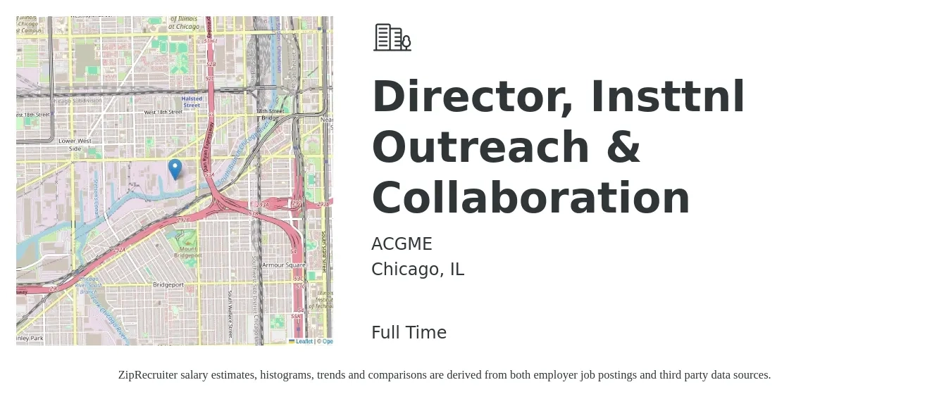 ACGME job posting for a Director, Insttnl Outreach & Collaboration in Chicago, IL with a salary of $68,600 to $102,100 Yearly with a map of Chicago location.