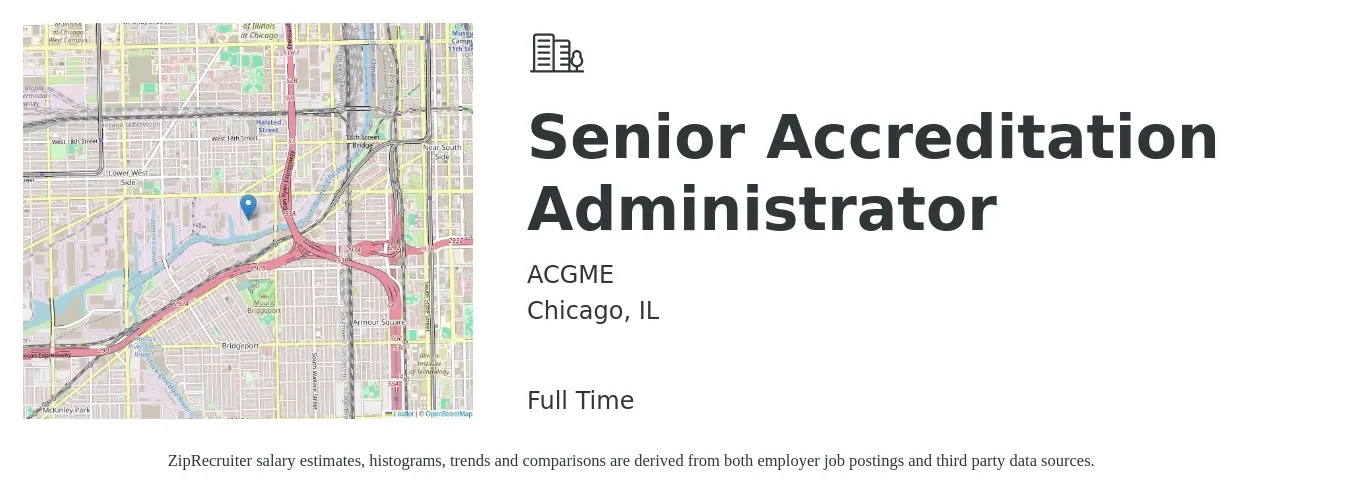 ACGME job posting for a Senior Accreditation Administrator in Chicago, IL with a salary of $23 to $34 Hourly with a map of Chicago location.
