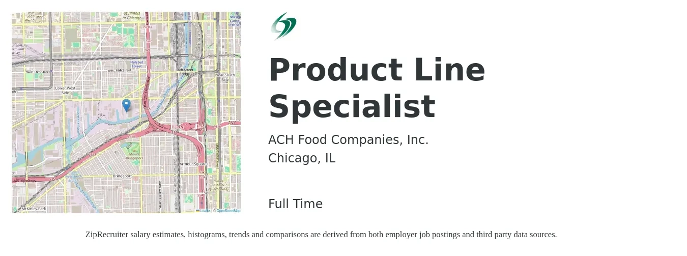 ACH Food Companies, Inc. job posting for a Product Line Specialist in Chicago, IL with a salary of $21 to $32 Hourly with a map of Chicago location.