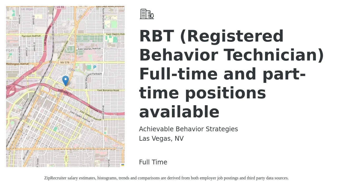 Achievable Behavior Strategies job posting for a RBT (Registered Behavior Technician) Full-time and part-time positions available in Las Vegas, NV with a salary of $18 to $23 Hourly with a map of Las Vegas location.