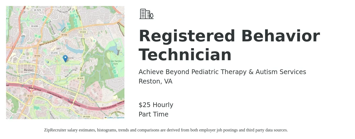 Achieve Beyond Pediatric Therapy & Autism Services job posting for a Registered Behavior Technician in Reston, VA with a salary of $27 Hourly with a map of Reston location.