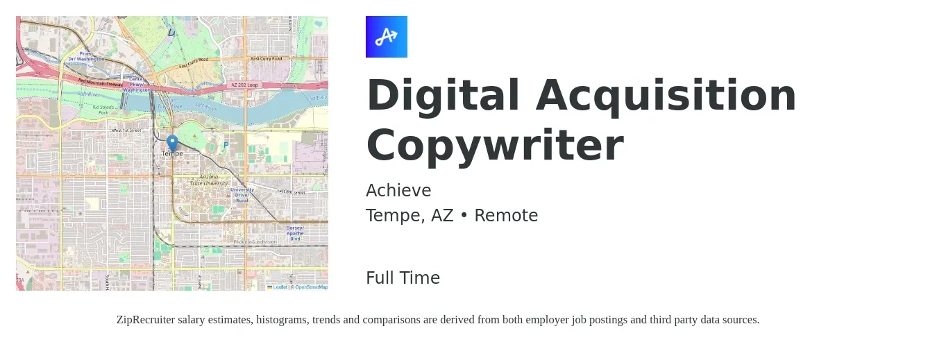 Achieve job posting for a Digital Acquisition Copywriter in Tempe, AZ with a salary of $28 to $42 Hourly with a map of Tempe location.