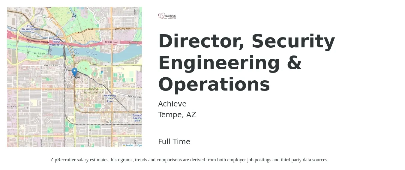 Achieve job posting for a Director, Security Engineering & Operations in Tempe, AZ with a salary of $170,000 to $190,000 Yearly with a map of Tempe location.