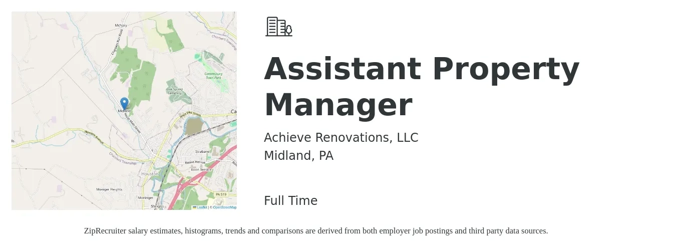 Achieve Renovations, LLC job posting for a Assistant Property Manager in Midland, PA with a salary of $18 to $25 Hourly with a map of Midland location.