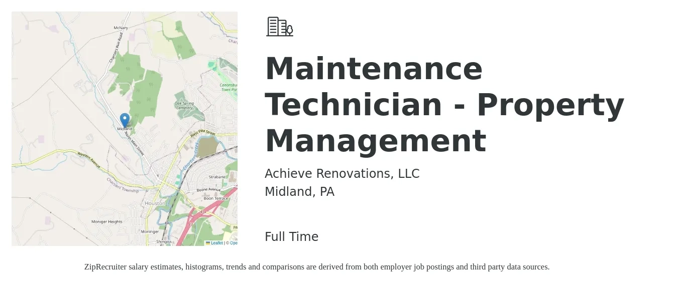 Achieve Renovations, LLC job posting for a Maintenance Technician - Property Management in Midland, PA with a salary of $19 to $26 Hourly with a map of Midland location.