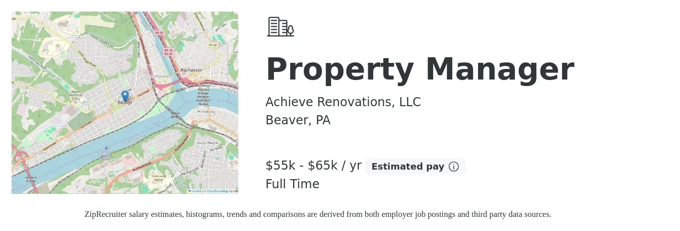 Achieve Renovations, LLC job posting for a Property Manager in Beaver, PA with a salary of $55,000 to $65,000 Yearly with a map of Beaver location.