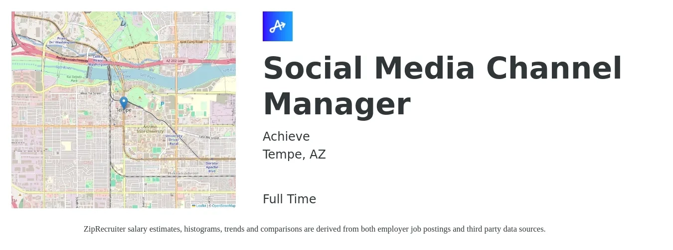 Achieve job posting for a Social Media Channel Manager in Tempe, AZ with a salary of $45,500 to $73,300 Yearly with a map of Tempe location.