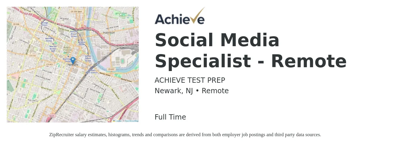 ACHIEVE TEST PREP job posting for a Social Media Specialist - Remote in Newark, NJ with a salary of $43,900 to $64,800 Yearly with a map of Newark location.