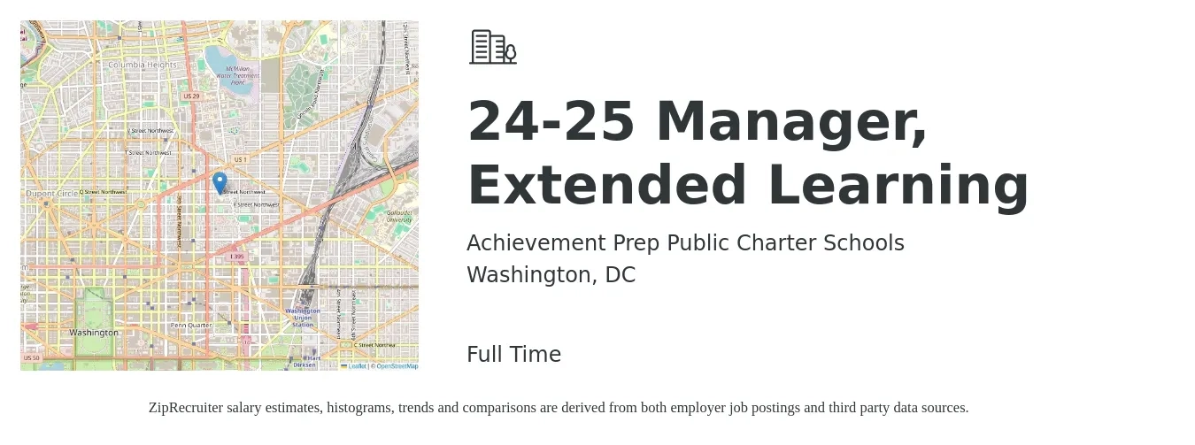 Achievement Prep Public Charter Schools job posting for a 24-25 Manager, Extended Learning in Washington, DC with a salary of $150 Hourly with a map of Washington location.