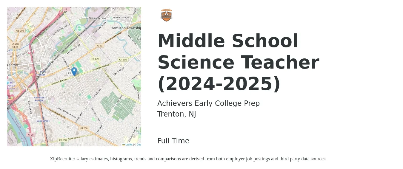 Achievers Early College Prep job posting for a Middle School Science Teacher (2024-2025) in Trenton, NJ with a salary of $46,100 to $60,700 Yearly with a map of Trenton location.