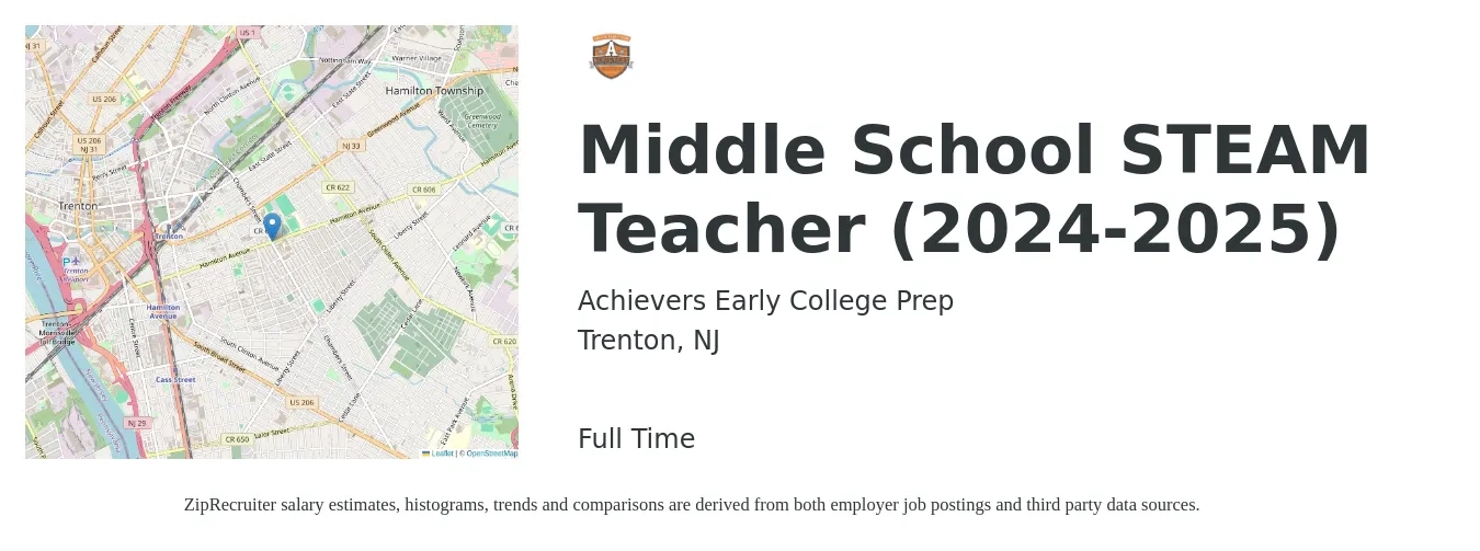 Achievers Early College Prep job posting for a Middle School STEAM Teacher (2024-2025) in Trenton, NJ with a salary of $44,100 to $60,200 Yearly with a map of Trenton location.