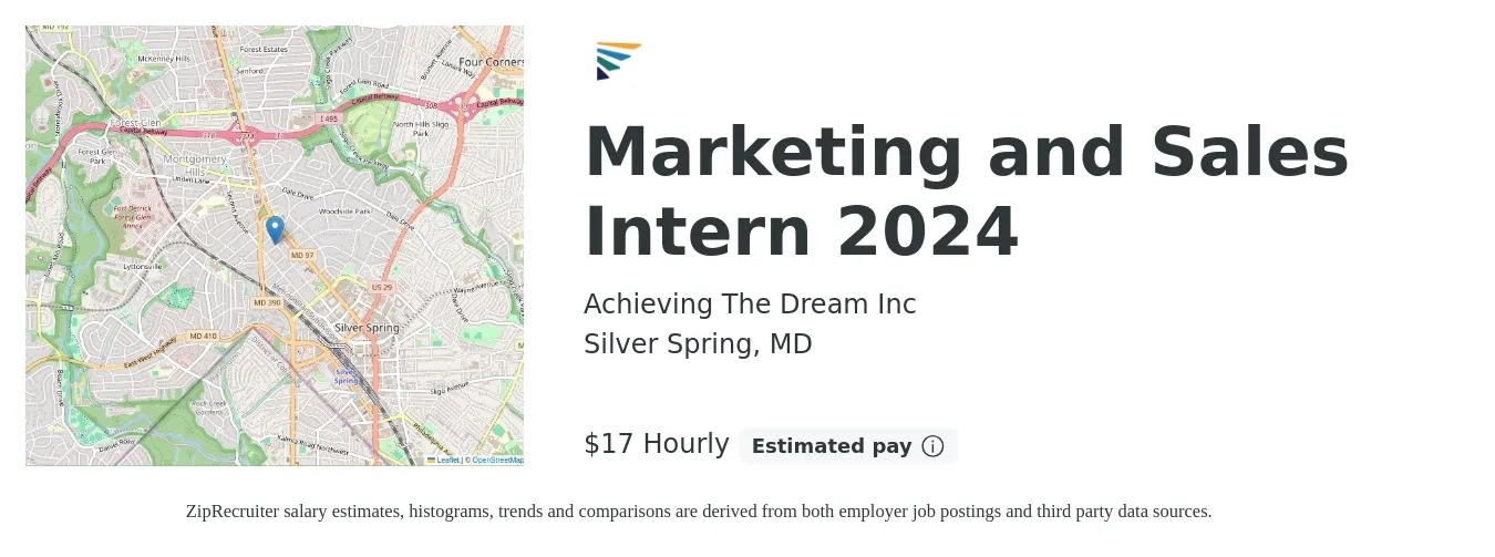 Achieving The Dream Inc job posting for a Marketing and Sales Intern 2024 in Silver Spring, MD with a salary of $18 Hourly with a map of Silver Spring location.