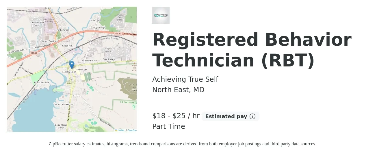 Achieving True Self job posting for a Registered Behavior Technician (RBT) in North East, MD with a salary of $19 to $26 Hourly with a map of North East location.