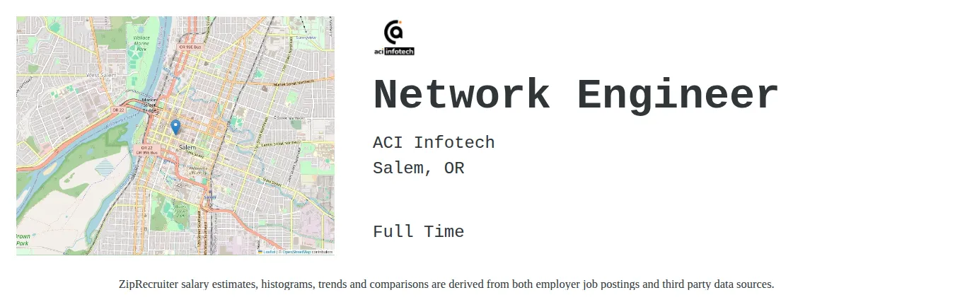 ACI Infotech job posting for a Network Engineer in Salem, OR with a salary of $89,500 to $134,200 Annually with a map of Salem location.