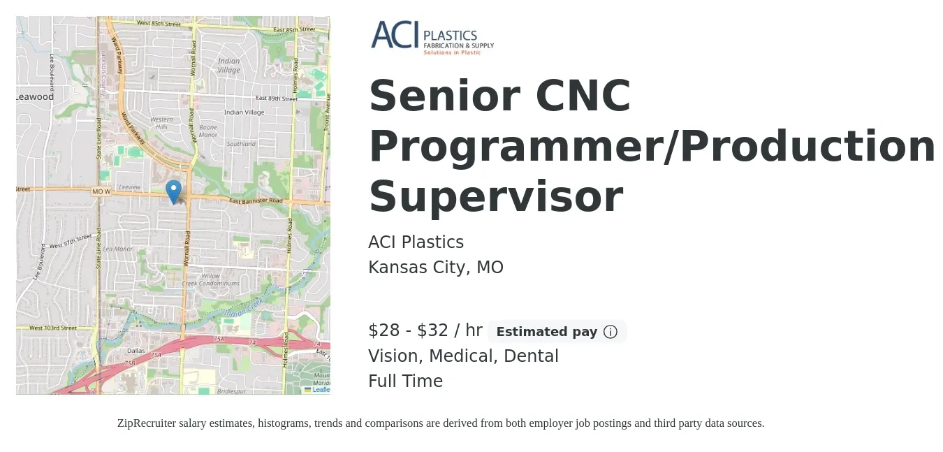 ACI Plastics job posting for a Senior CNC Programmer/Production Supervisor in Kansas City, MO with a salary of $30 to $34 Hourly and benefits including medical, pto, retirement, vision, dental, and life_insurance with a map of Kansas City location.