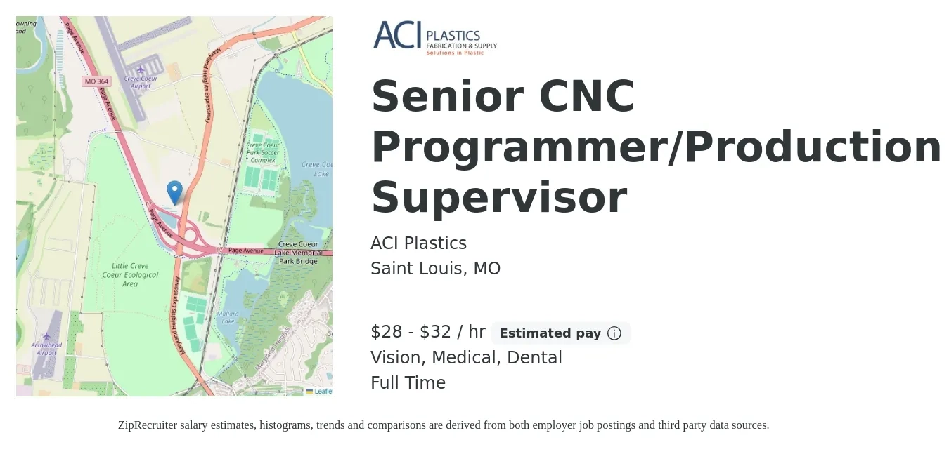 ACI Plastics job posting for a Senior CNC Programmer/Production Supervisor in Saint Louis, MO with a salary of $30 to $34 Hourly and benefits including pto, retirement, vision, dental, life_insurance, and medical with a map of Saint Louis location.