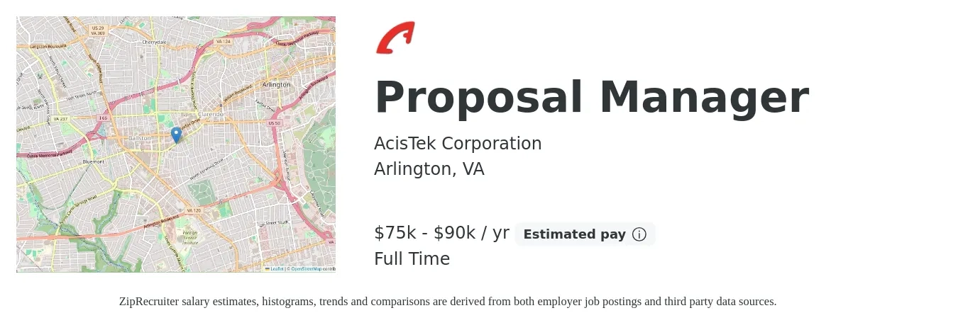 AcisTek Corporation job posting for a Proposal Manager in Arlington, VA with a salary of $75,000 to $90,000 Yearly with a map of Arlington location.