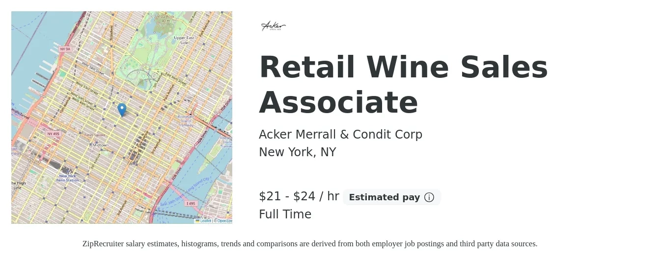 Acker Merrall & Condit Corp job posting for a Retail Wine Sales Associate in New York, NY with a salary of $22 to $25 Hourly with a map of New York location.