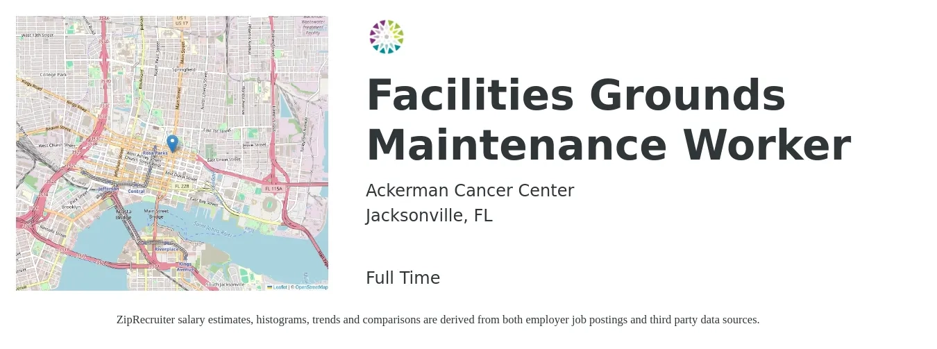 Ackerman Cancer Center job posting for a Facilities Grounds Maintenance Worker in Jacksonville, FL with a salary of $16 to $23 Hourly with a map of Jacksonville location.
