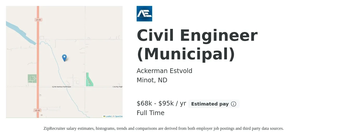 Ackerman Estvold job posting for a Civil Engineer (Municipal) in Minot, ND with a salary of $68,000 to $95,000 Yearly with a map of Minot location.
