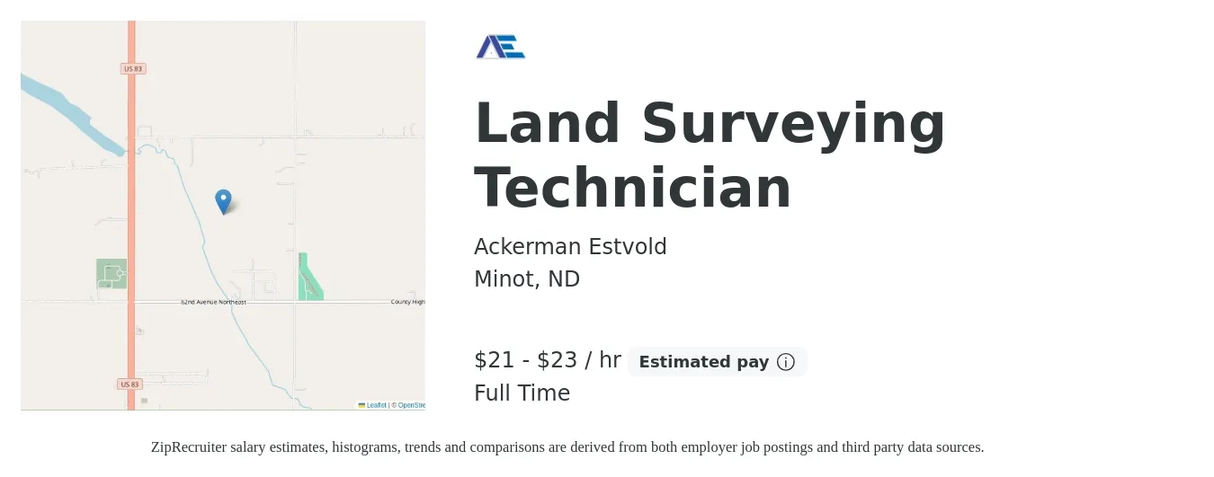 Ackerman Estvold job posting for a Land Surveying Technician in Minot, ND with a salary of $22 to $24 Hourly with a map of Minot location.