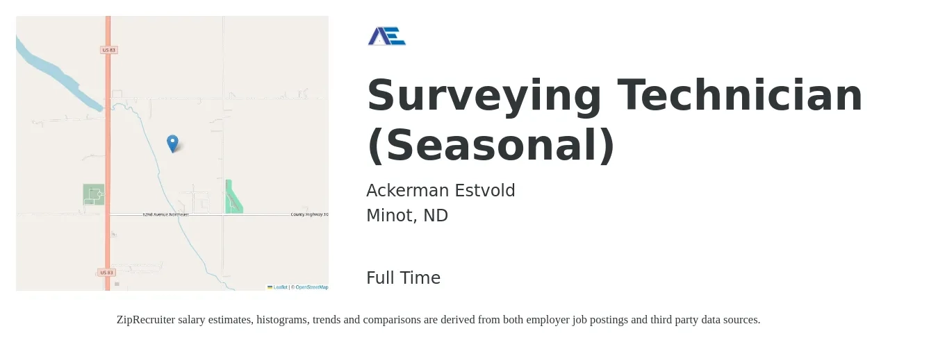 Ackerman Estvold job posting for a Surveying Technician (Seasonal) in Minot, ND with a salary of $38,700 to $58,000 Yearly with a map of Minot location.