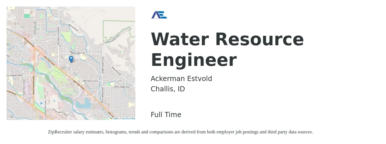 Ackerman Estvold job posting for a Water Resource Engineer in Challis, ID with a salary of $72,500 to $99,200 Yearly with a map of Challis location.